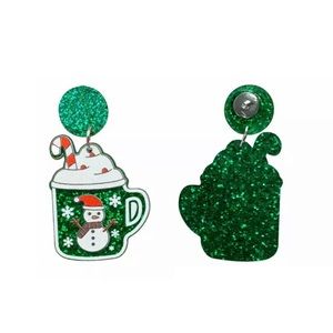 Hot Cocoa Earrings Sparkly Green Mugs w/Snowman & Candy Canes